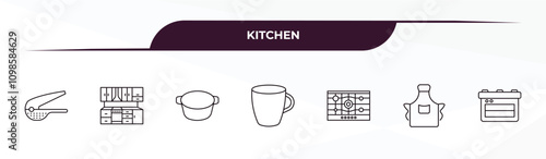 fully editable outline icon collection from kitchen concept. thin line icons set such as garlic press, kitchen, stew pot, apron, bun warmer,