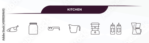 fully editable outline icon collection from kitchen concept. thin line icons set such as broiler, jar, knife sharpener, sauces, coffee maker,