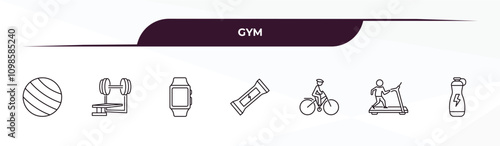 fully editable outline icon collection from gym concept. thin line icons set such as gymnastic ball, barbell bench press, fitness bracelet, running treadmill, isotonic,
