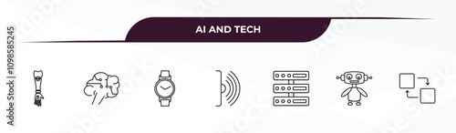fully editable outline icon collection from ai and tech concept. thin line icons set such as bionic arm, future brain, wristwatch, robots, replacement,