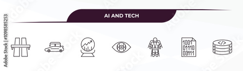 fully editable outline icon collection from ai and tech concept. thin line icons set such as motorway, high speed tube, prediction, binary, database,