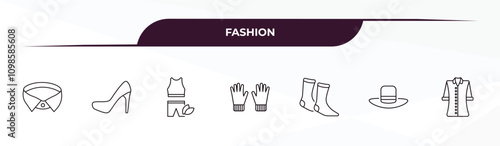 fully editable outline icon collection from fashion concept. thin line icons set such as collar, heel, wellness coach, cylinder hat, blouse with buttons,