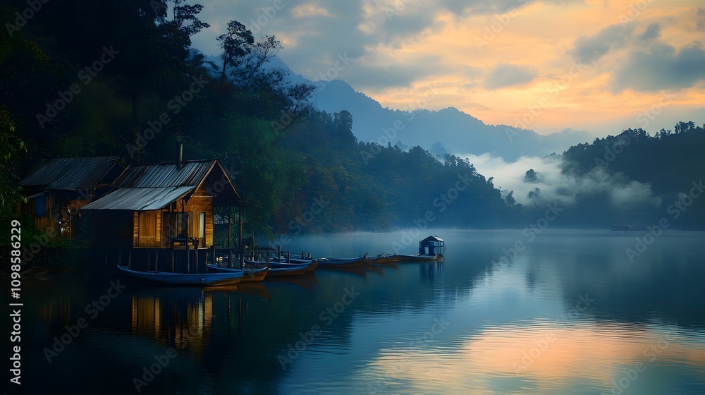 Fototapeta premium Serene sunrise over lake with houses and boats.