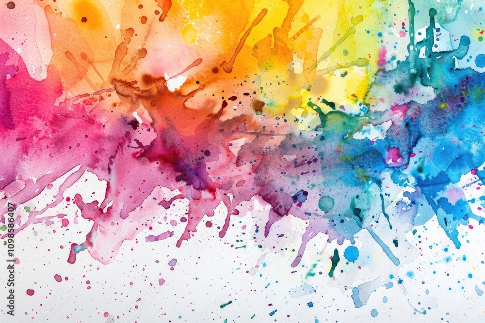 Fototapeta premium Watercolor art featuring colorful paint splatters forming a vibrant rainbow