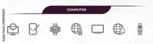 fully editable outline icon collection from computer concept. thin line icons set such as online support, tablet tool, computer chip, surfing the net, tv remote,
