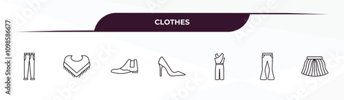 fully editable outline icon collection from clothes concept. thin line icons set such as jeans, shawl, leather chelsea boots, flare pants, tulle skirt,