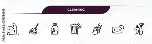 fully editable outline icon collection from cleaning concept. thin line icons set such as hoover, feather duster, acid, soap, cleaning products,