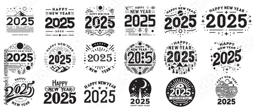 Happy New Year 2025 with Moon and Forest Silhouette