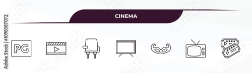 fully editable outline icon collection from cinema concept. thin line icons set such as parental guidance, cinema flapper, cinema seats, television with antenna, two movie tickets,