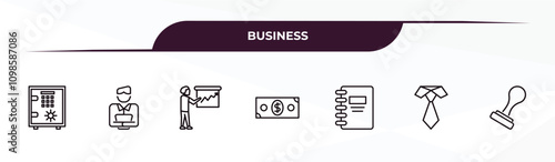 fully editable outline icon collection from business concept. thin line icons set such as big safe, boss reading a document, graphic panel and man, black tie, rubber stamp,