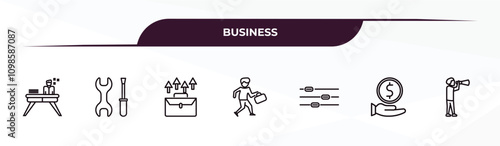 fully editable outline icon collection from business concept. thin line icons set such as sleepy worker at work, tool button, business, give money, man looking,