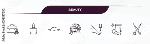 fully editable outline icon collection from beauty concept. thin line icons set such as big makeup box, nail polish, big moustache, face cleanser, open hair scissors,
