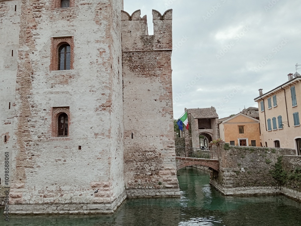 ancient medieval castle walls in Sirmione on Lake Garda in Brescia, northern Italy