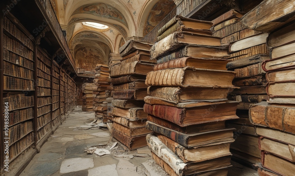 Fototapeta premium Ancient bookshelves, decaying tomes, aged library.