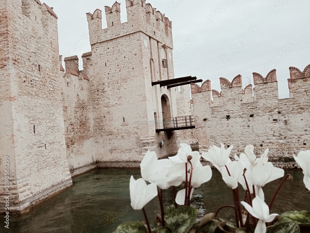 ancient medieval castle walls in Sirmione on Lake Garda in Brescia, northern Italy
