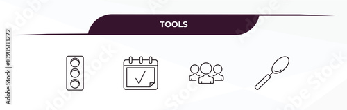 fully editable outline icon collection from tools concept. thin line icons set such as semaphore light, calendar page, squad, large spoon,