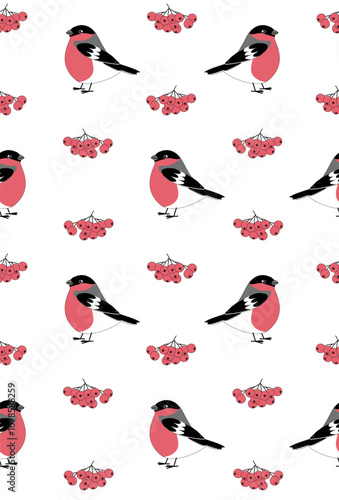 Bullfinches with bunches of rowan seamless pattern