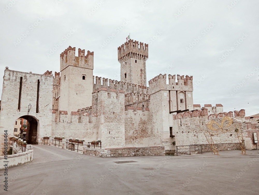 ancient medieval castle walls in Sirmione on Lake Garda in Brescia, northern Italy