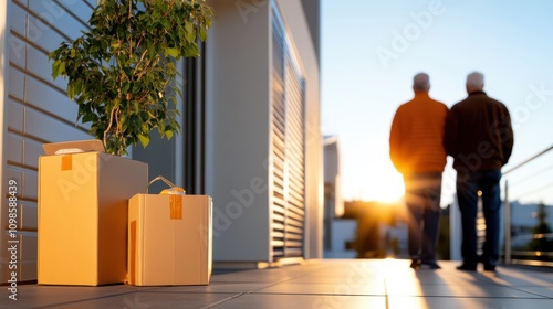 Silhouetted against the sunset, two figures walk away from boxes placed on a porch, evoking themes of farewell, change, and new beginnings in life’s journey. photo