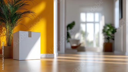 A tranquil hallway bathed in sunlight features a single cardboard box and a potted plant, symbolizing simplicity and the beginning of a new chapter or move. photo