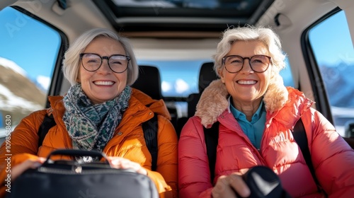 Two seniors in warm clothing are smiling happily while seated in a car. The image captures the essence of their winter excursion and mutual joy. photo