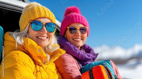 Two senior women wearing colorful winter clothing and sunglasses are sitting in a vehicle with snowy mountains in the background, radiating joy and adventure. photo