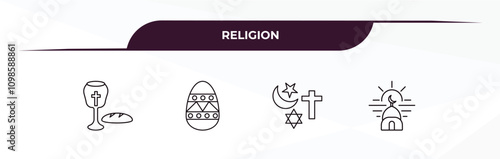 fully editable outline icon collection from religion concept. thin line icons set such as communion, easter eggs, abrahamic, subah prayer,