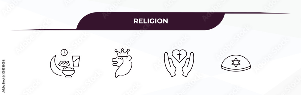 Obraz premium fully editable outline icon collection from religion concept. thin line icons set such as ramadan iftar, lion of judah, faith, yarmulke,