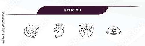 fully editable outline icon collection from religion concept. thin line icons set such as ramadan iftar, lion of judah, faith, yarmulke,