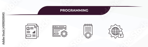 fully editable outline icon collection from programming concept. thin line icons set such as seo report, web optimization, compiler, secured network,