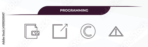 fully editable outline icon collection from programming concept. thin line icons set such as css file format, hyperlink, copyright, error,