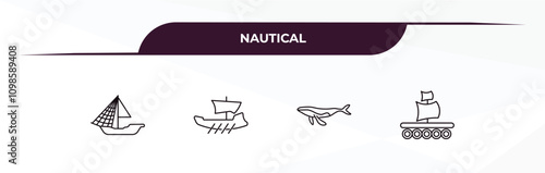 fully editable outline icon collection from nautical concept. thin line icons set such as big shell, yacht facing right, pearl, water resist watch,