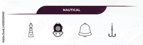 fully editable outline icon collection from nautical concept. thin line icons set such as star inside circle, diving helmet, boat bell, sun shining,
