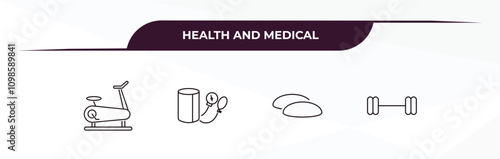 fully editable outline icon collection from health and medical concept. thin line icons set such as stationary bike, blood pressure gauge, breast implant, weightlifting,