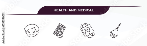 fully editable outline icon collection from health and medical concept. thin line icons set such as boy, contraceptive pills, sphygmomanometer, enema,