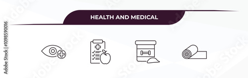 fully editable outline icon collection from health and medical concept. thin line icons set such as ophthalmology, nutrition, proteins, yoga mat,