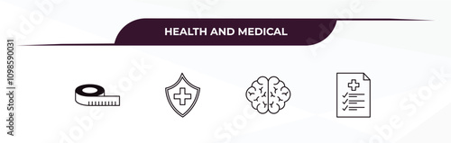 fully editable outline icon collection from health and medical concept. thin line icons set such as measure tape, medical shield, neurology, medical file,