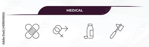 fully editable outline icon collection from medical concept. thin line icons set such as plastering, united heterosexual, syrup medicine bottle, medical hammer tool,