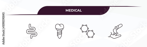 fully editable outline icon collection from medical concept. thin line icons set such as intestines, implants, molecular structure, acid falling on hand,