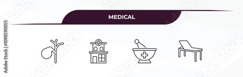 fully editable outline icon collection from medical concept. thin line icons set such as gallbladder, hospital building front, medicines bowl, table of treatments,