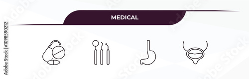 fully editable outline icon collection from medical concept. thin line icons set such as drugs, dentist tool, esophagus, bladder,