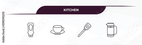 fully editable outline icon collection from kitchen concept. thin line icons set such as ketchup, saucer, spatula, coffee pot,