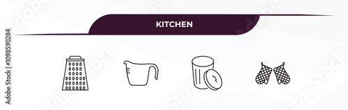 fully editable outline icon collection from kitchen concept. thin line icons set such as grater, measuring cup, trash, kitchen mitten,