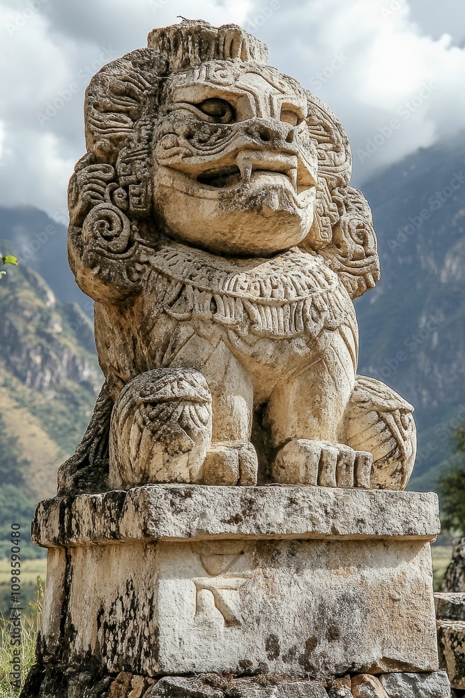Fototapeta premium Ancient stone lion statue, mountain backdrop.