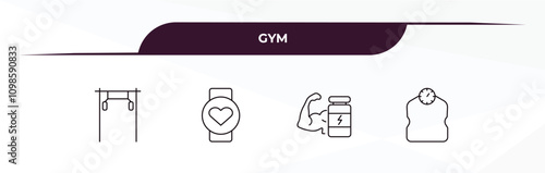 fully editable outline icon collection from gym concept. thin line icons set such as training apparatus, pulsometer, phytonutrients, weighing scale,