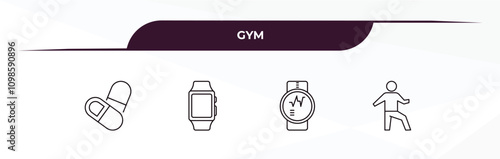 fully editable outline icon collection from gym concept. thin line icons set such as press simulator, fitness bracelet, fitness watch, stretching leg exercise,