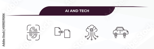 fully editable outline icon collection from ai and tech concept. thin line icons set such as biometrics, file transfer, cloud intelligence, hover transport,