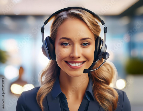 Customer Service Representation with Headset Icon and Smiling Face photo