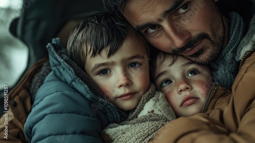 A father and two children snuggled up together in a warm blanket, conveying a sense of cozy togetherness photo