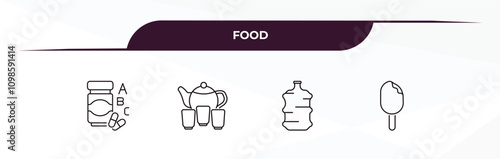 fully editable outline icon collection from food concept. thin line icons set such as vitamins, tea ceremony, water container, bitten ice cream,